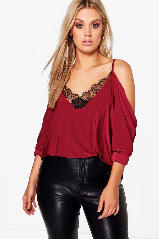 Plus Dani Lace Trim V Neck Cold Shoulder Top